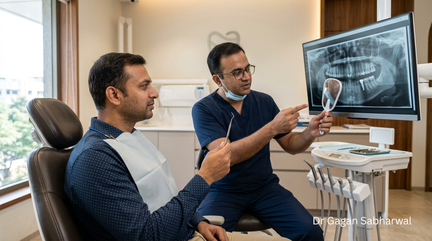 Dental Implant Specialist Dubai reviewing a dental X-ray with a patient before implant treatment