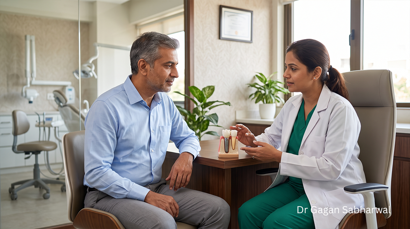 Dental Implant Maintenance consultation explaining factors that affect implant lifespan and long-term success