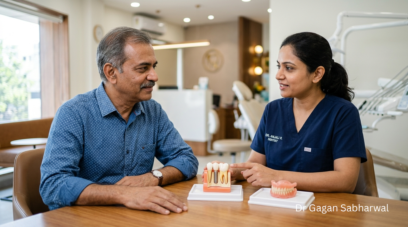 Single Tooth Implant Cost Dubai consultation with dentist explaining a dental implant model to a patient