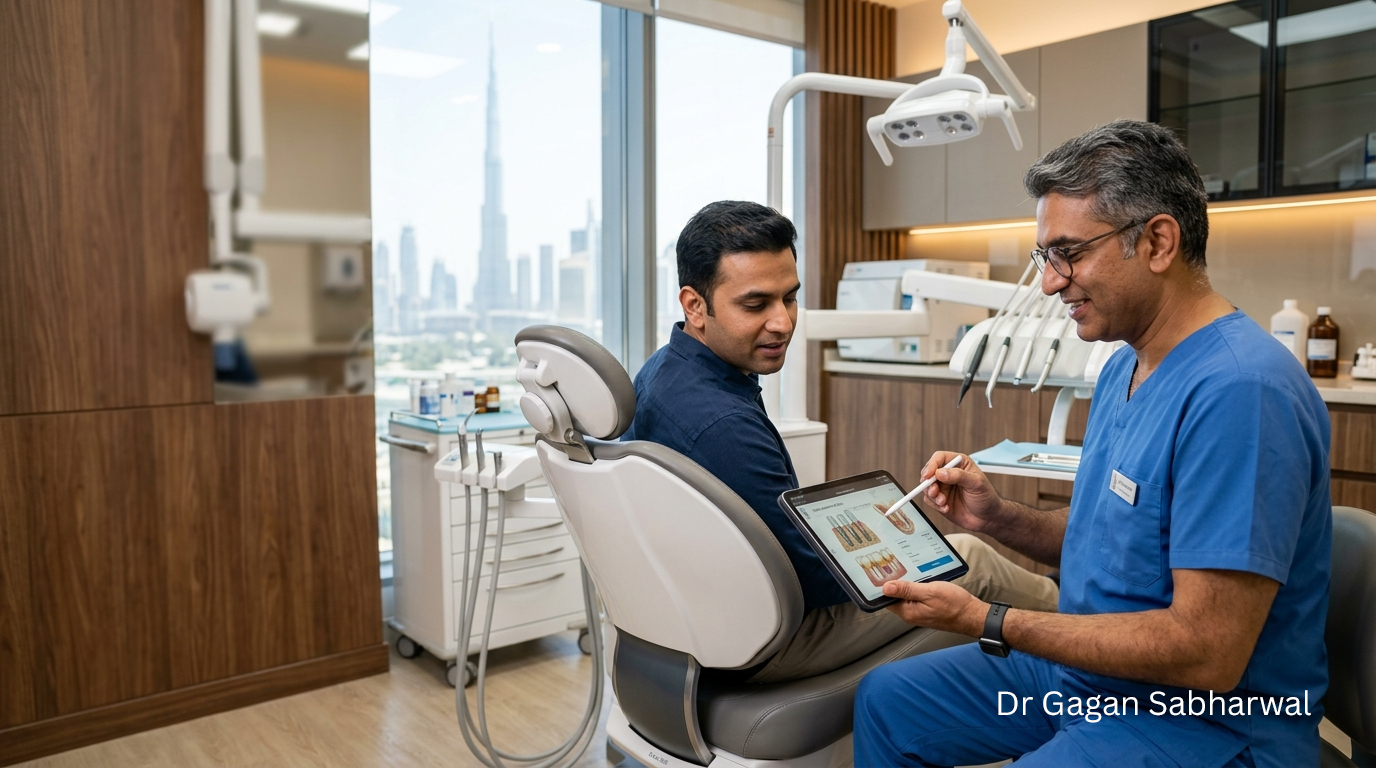 Dentist discussing Dental Implants vs Dentures Dubai and tooth replacement options with a patient