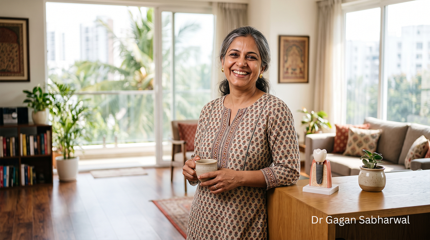 Patient with Long-Term Dental Implants maintaining a healthy smile through proper implant care
