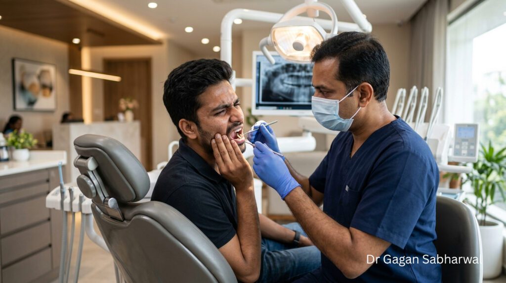 Oral Surgery Specialist examining a patient with tooth and jaw pain in a dental clinic