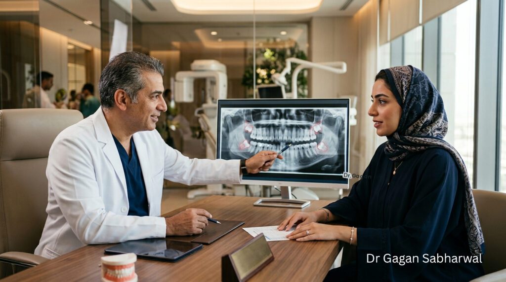 Oral Surgery Consultation Dubai with surgeon reviewing a patient's dental X-ray