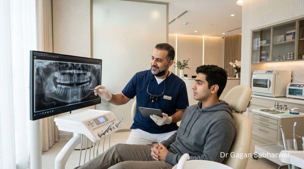Impacted Wisdom Teeth Dubai assessment with an oral surgeon reviewing a dental X-ray