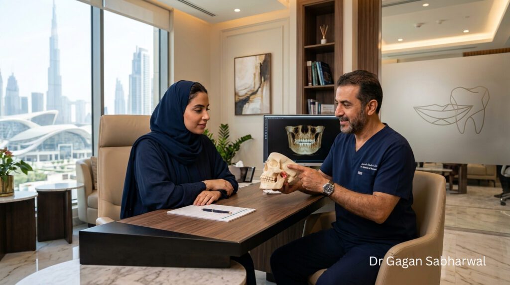 TMJ Specialist Dubai explaining TM Joint Disorder Solutions UAE and Facial Pain Treatment UAE during a consultation