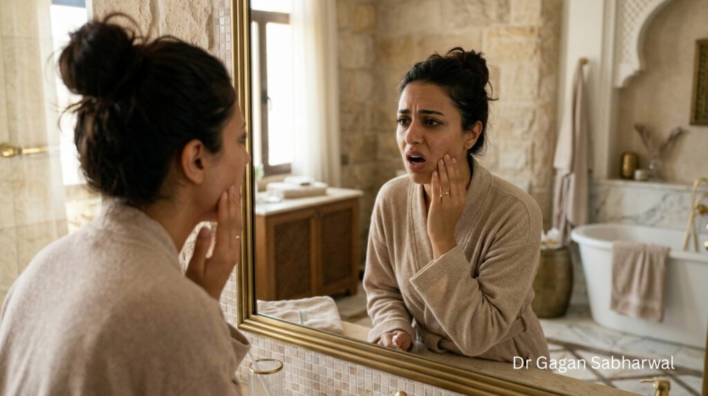 Woman experiencing persistent jaw and facial pain before seeking Jaw Pain Treatment UAE