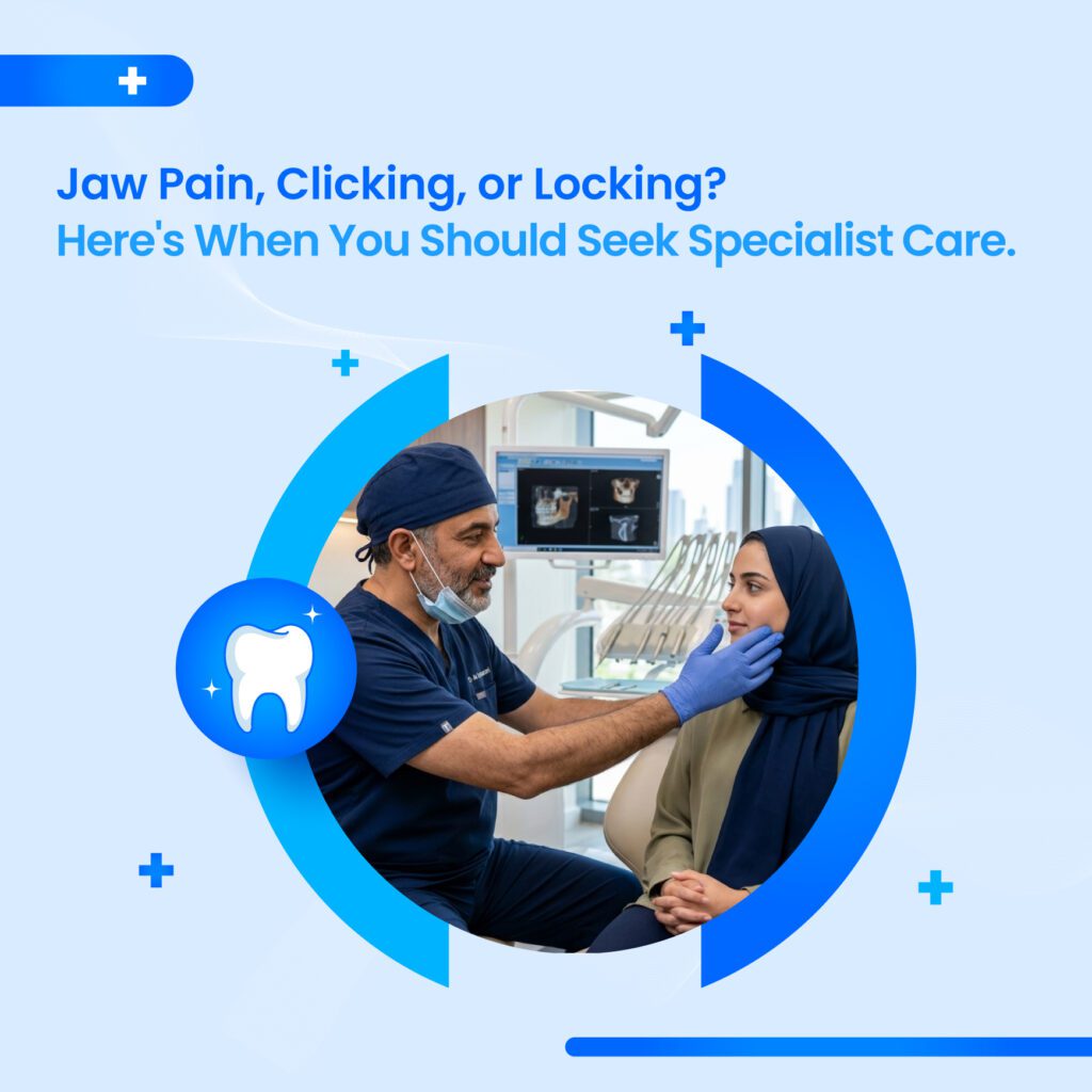 TMJ Specialist Dubai examining a patient experiencing jaw pain, clicking and TM joint symptoms