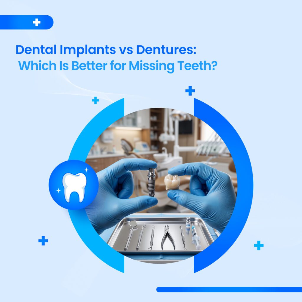 Dental Implants vs Dentures Dubai comparison showing a dental implant and replacement tooth
